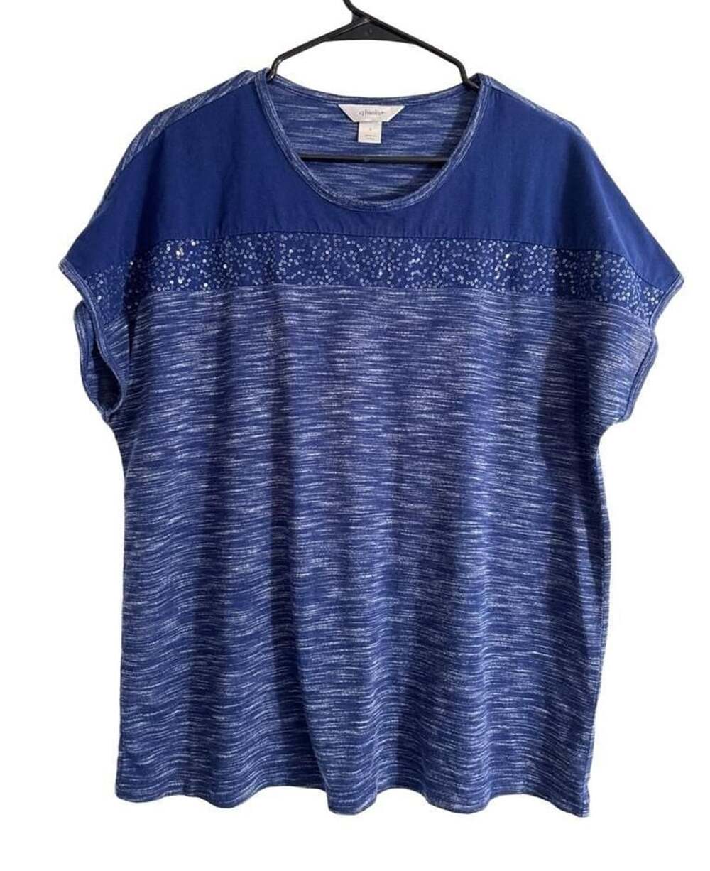 Cj Banks Blue Short Sleeve Top with Sequin Yoke Size X